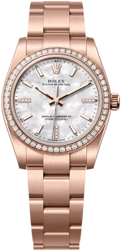 Rolex Oyster Perpetual 34 18Ct Everose Gold White Mother Of Pearl Diamond Set Dial Oyster Bracelet - 124245Rbr - 2026